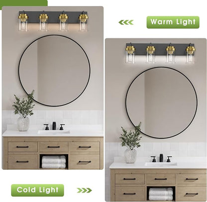 Bathroom Lighting Fixtures, 4-Light Bathroom Vanity Lights Over Mirror, Black and Gold Vanity Light with Glass Shade, Modern Vanity Lighting Fixtures for Bathroom, Bedroom, Hallway