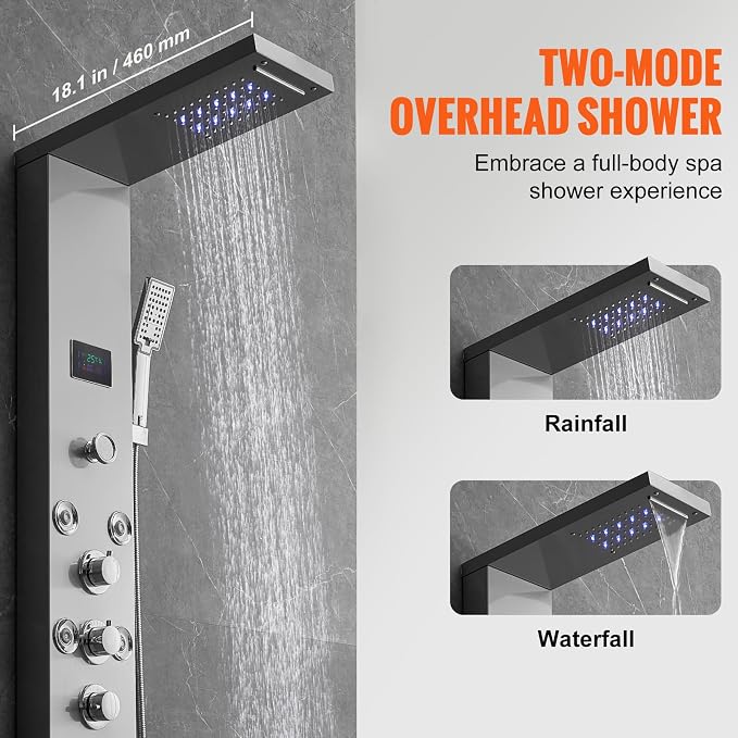 VEVOR Shower Panel, 6 Shower Modes, LED & Screen Hydroelectricity Shower Tower Panel System, Rainfall, Waterfall, 8 Massage Jets, Tub Spout, Handheld Shower, Stainless Steel Wall-Mounted Shower Set
