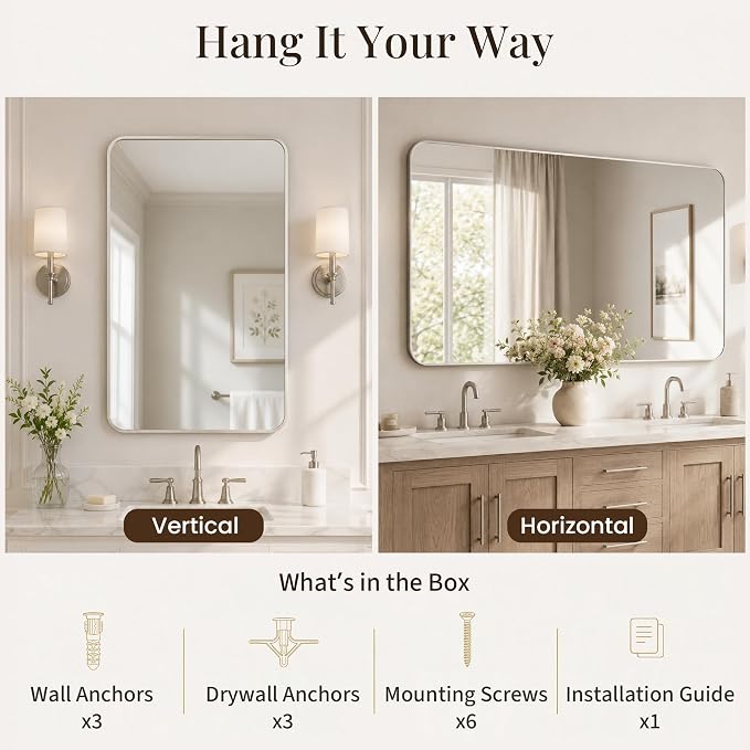 30x48 Inch Brushed Nickel Rounded Rectangle Bathroom Vanity Mirror | For Over-Sink Bathrooms, Corrosion-Resistant Aluminum Frame, Slim Front Profile, Vertical or Horizontal Layout
