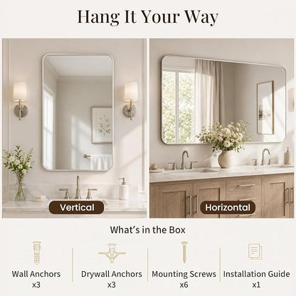 30x48 Inch Brushed Nickel Rounded Rectangle Bathroom Vanity Mirror | For Over-Sink Bathrooms, Corrosion-Resistant Aluminum Frame, Slim Front Profile, Vertical or Horizontal Layout