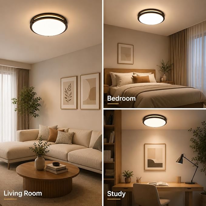 Black Flush Mount LED Ceiling Light Fixture, 13 inch 3000K/4000K/5000K Adjustable Ceiling Lights, Metal Frame Tri-Color Dimmable Lighting for Living Room Bedroom Hallway Bathroom or Kitchen