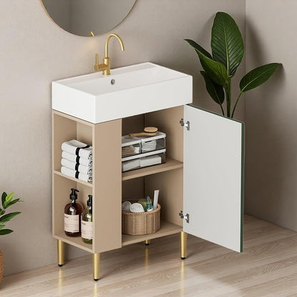 21.6" Freestanding Bathroom Vanity with Ceramic Sink, Green | Ceramic Sink, Wave-Pattern Door & Two-Layer Left Open Compartment, Bathroom Storage Cabinet, Easy Installation