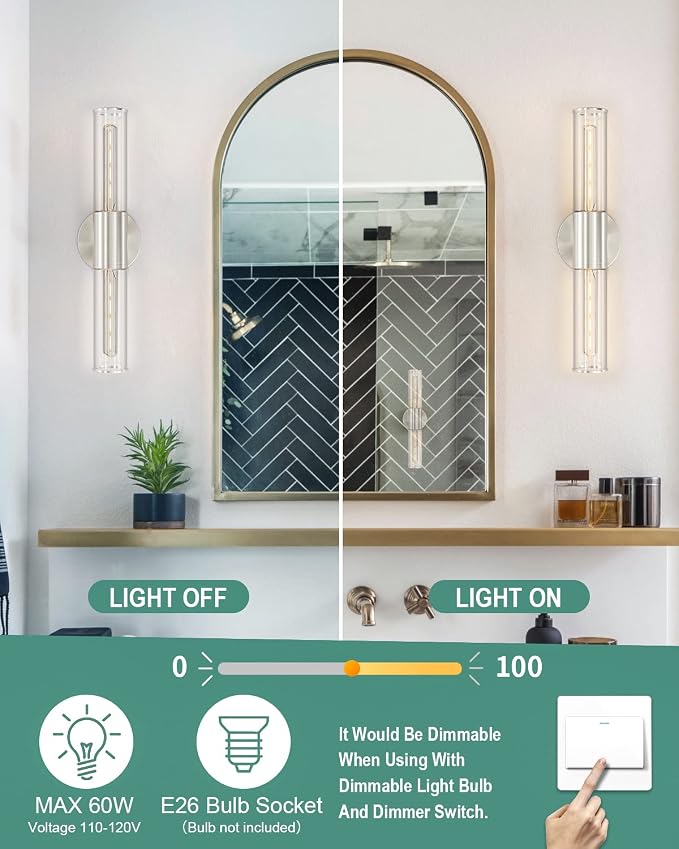 Bathroom Vanity Light Fixture, 2-Light Brushed Nickel Wall Sconce Lighting Fixture with Clear Glass, Indoor E26 Socket Silver Wall Lamp for Mirror Living Room Hallway, 2 Pack