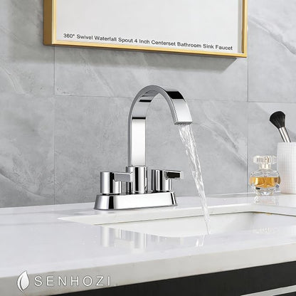 Bathroom Sink Faucet 3 Hole Chrome, 4 Inch Centerset | 360 Degree Swivel Waterfall Spout, Stainless Steel Bathroom Faucet for Sink 3 Hole, with Pop Up Drain, Chrome Bathroom Faucet