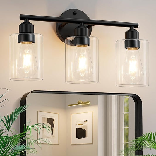 3-Light Bathroom Light Fixtures, 17.3" Black Modern Vanity Light for Bathroom Mirror, Glass Shade, Kitchen, Living Room, Bath, Metal