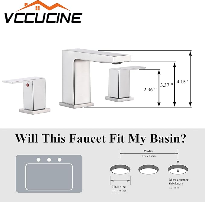 VC CUCINE Brushed Nickel 3 Hole Bathroom Faucet, 2 Handles, 8 Inch, Modern Vanity Sink Faucet with Drain and Supply Lines