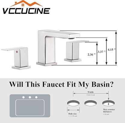 VC CUCINE Brushed Nickel 3 Hole Bathroom Faucet, 2 Handles, 8 Inch, Modern Vanity Sink Faucet with Drain and Supply Lines