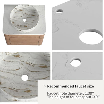LKTART 24 Inch Floating Bathroom Vanity with Sink, Modern Wall Mounted Bathroom with Soft Close Door, White Stone Round Ceramic Basin and Sintered Stone Top