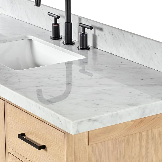 ARIEL Cambridge 60-inch Bathroom Vanity with Sink,Solid Wood, 1.5-inch Italian Carrara Marble Countertop, Single Rectangular Porcelain Sink, 2 Soft Closing Doors, 9 Dovetail Drawers, White Oak