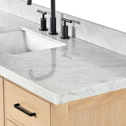 ARIEL Cambridge 60-inch Bathroom Vanity with Sink,Solid Wood, 1.5-inch Italian Carrara Marble Countertop, Single Rectangular Porcelain Sink, 2 Soft Closing Doors, 9 Dovetail Drawers, White Oak