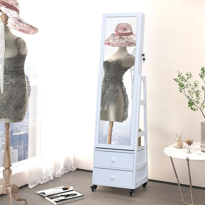 Jewelry Cabinet Standing Mirror with Drawers Jewelry Armoire Organizer | Full Length Mirror Jewelry Storage with Touch Screen Vanity Mirror with Lockable White Christmas Gift for Women