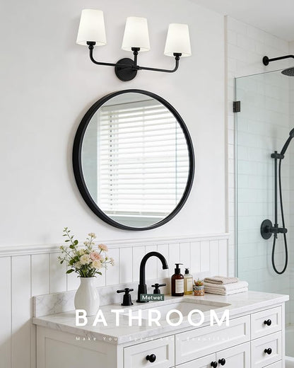 Bathroom Light Fixtures, 3-Light Matte Black Vanity Lights with Flared Beige Fabric Shade, Vintage Sconces Wall Lighting for Hallway Bedroom, VL837-MB-B-3