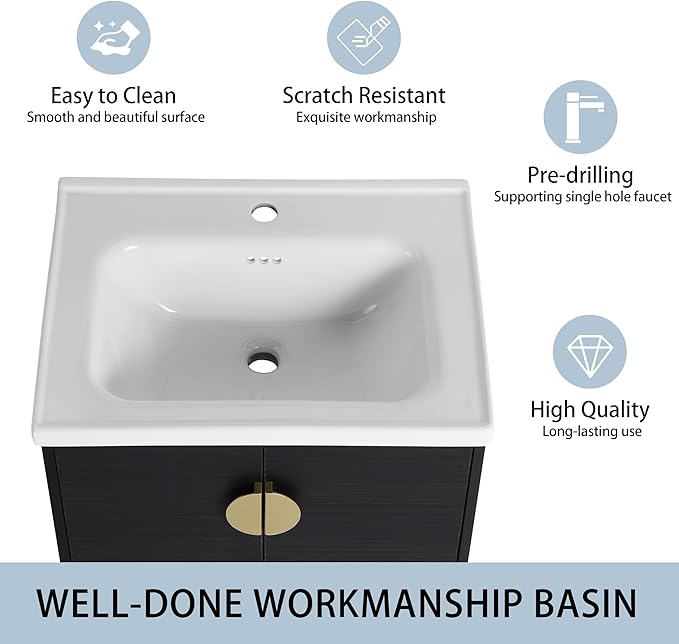 24'' Floating Bathroom Vanity with Sink Combo,24 Inch Bathroom Vanity with Sink, Modern Wall Mounted Cabinet Set with 12'' Side Cabinet Combo,Black