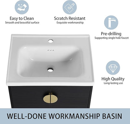 24" Floating Bathroom Vanity with Sink Combo,24 Inch Bathroom Vanity,Single Sink Wall Mounted Vanity Combo,Modern Wall Mounted Cabinet Set with Ceramic Sink,Black