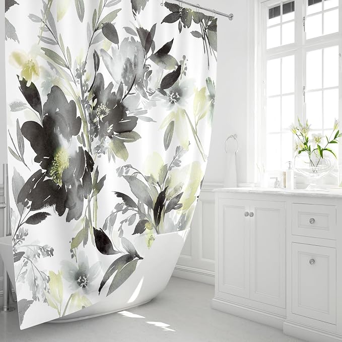 MAYZUS Grey Black Watercolor Floral Shower Curtains for Bathroom, 72x72 | Modern Abstract Flower Decorative Fabric Shower Curtain Set with Hooks, Grey Yellow
