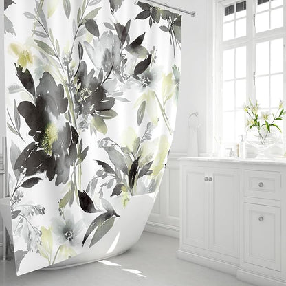 MAYZUS Grey Black Watercolor Floral Shower Curtains for Bathroom, 72x72 | Modern Abstract Flower Decorative Fabric Shower Curtain Set with Hooks, Grey Yellow