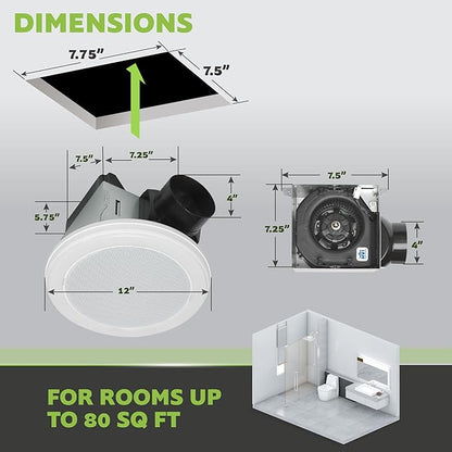 Homewerks 7130-18-BT Bathroom Fan with LED Light and Bluetooth Speaker 80 CFM 1.5 Sones White 4000 Kelvin CCT Light 600 Lumens