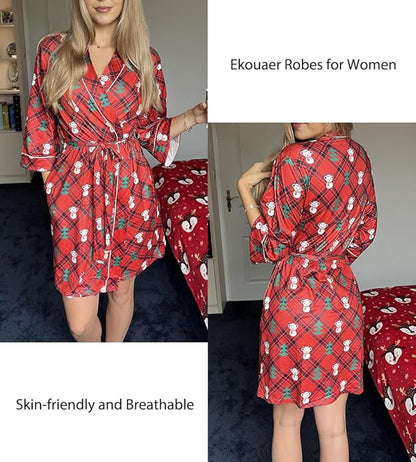 Ekouaer Women Kimono Robes Knee Length Knit Bathrobe Lightweight Soft Sleepwear V-neck Casual Ladies Loungewear