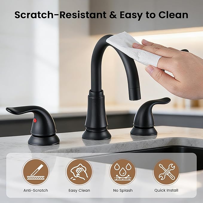 Matte Black Widespread Bathroom Faucet 3 Hole, 8 Inch Adjustable Bathroom Sink Faucet with Pop-Up Drain & Supply Lines, Dual Handle 360° Swivel Spout, Modern Design