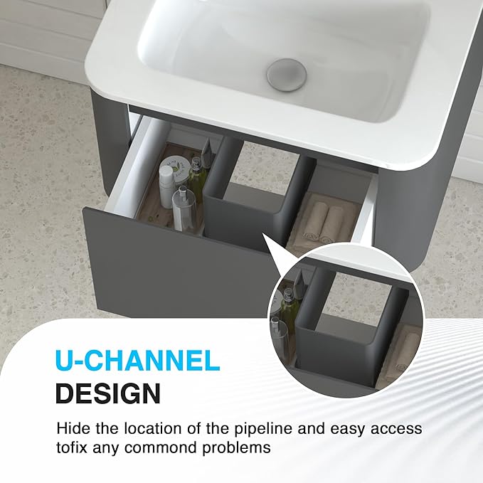 Floating Bathroom Vanity with Sink, Nature Soild Wood Cabinet with Ceramic Basin, Extra Large Storage Drawer & Pre-Assembled Vanities for Bathroom, Powder Room (Grey A Style, 24")