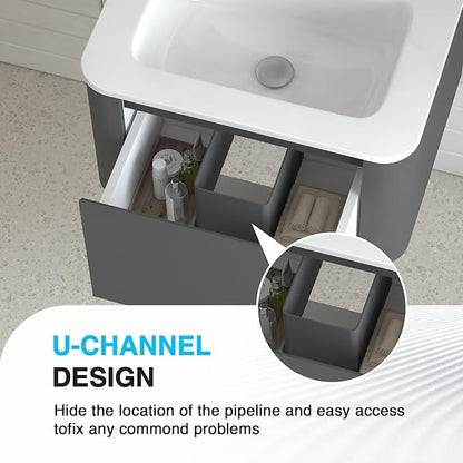 Floating Bathroom Vanity with Sink, Nature Soild Wood Cabinet with Ceramic Basin, Extra Large Storage Drawer & Pre-Assembled Vanities for Bathroom, Powder Room (Grey A Style, 24")