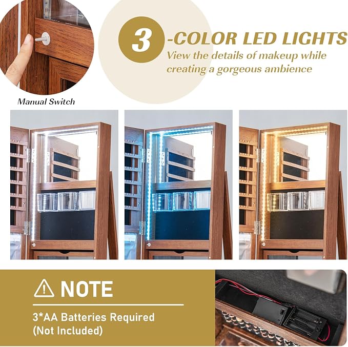 MAT EXPERT 360° Rotating Jewelry Armoire, Lockable Freestanding Jewelry Organizer w/Full-length Mirror, 3-Color LED Lights, Rear Storage Shelves, Mirror Jewelry Cabinet for Bedroom (Walnut)