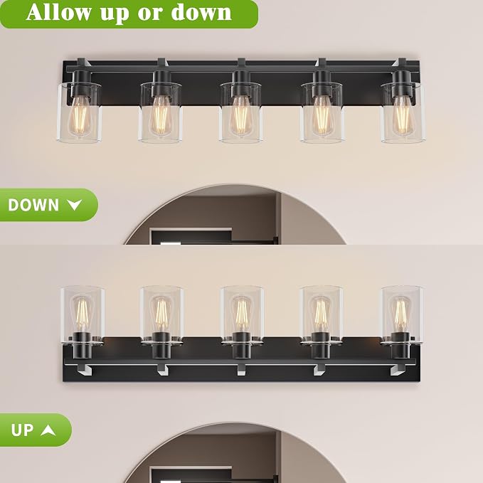 5-Light 37inch Matte Black Vanity Light, Thickened Clear Glass | Over Mirror for Bathroom, Rust Resistant, E26 Base, Easy Install, Removable Glass Shade Horizontal Mount, Dimmable