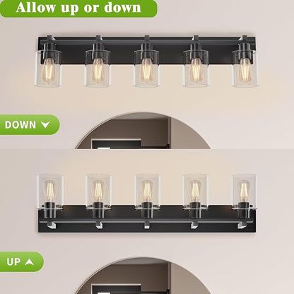 5-Light 37inch Matte Black Vanity Light, Thickened Clear Glass | Over Mirror for Bathroom, Rust Resistant, E26 Base, Easy Install, Removable Glass Shade Horizontal Mount, Dimmable