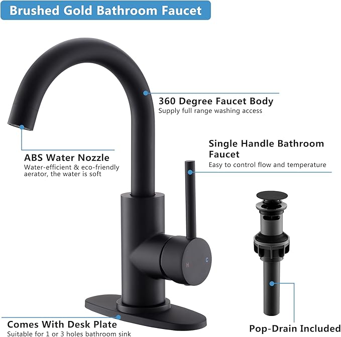 Black Bathroom Faucet | Matte Black Vanity Faucets with Pop-Up Drain, Modern Single Hole Bathroom Sink Faucets with Deck Plate Single Handle Lavatory Faucet 360° Swivel Spout Bar Sink Faucet