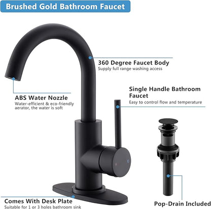 Black Bathroom Faucet | Matte Black Vanity Faucets with Pop-Up Drain, Modern Single Hole Bathroom Sink Faucets with Deck Plate Single Handle Lavatory Faucet 360° Swivel Spout Bar Sink Faucet