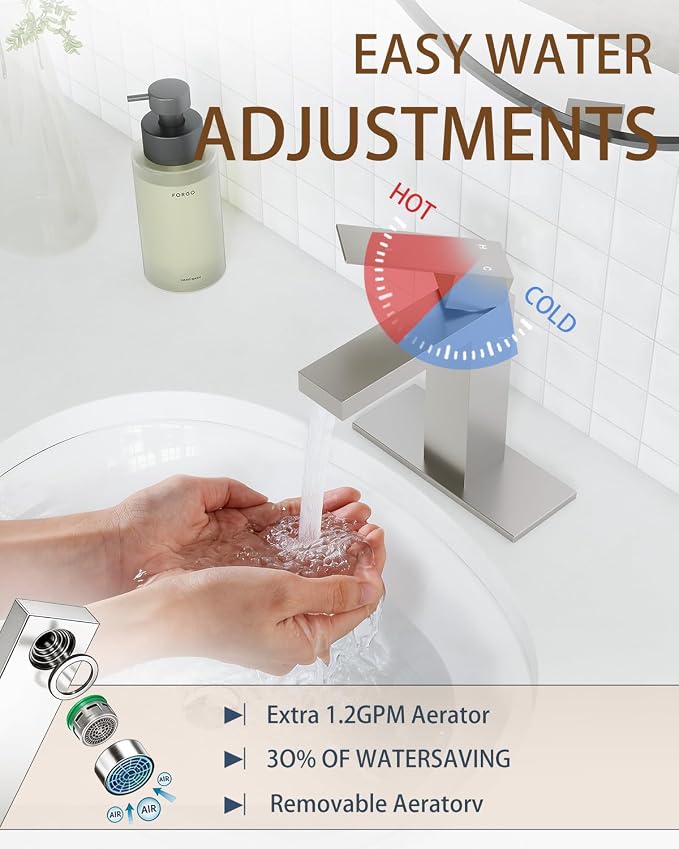 Brushed Nickel Bathroom Faucet Single Hole with Pop-Up Bathroom Drain and Flexible Hoses Single Handle Bathroom Sink Faucet w/Deck Plate(1 or 3 Hole) for Vanity Sinks, RV, Farmhouse