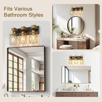 IZORRO Farmhouse Bathroom Vanity Light, 3-Light Wood Bathroom Light Fixtures Over Mirror, Black and Gold Industrial Vanity Lights with Metal Shade, Rustic Restroom Lighting Fixtures