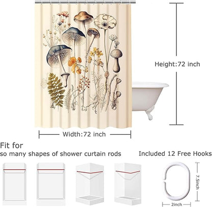 Rustic Shower Curtain Set Mushroom Shower Curtain Fern Wildflower Polyester Waterproof Fabric Bath Curtain 12 Hooks American Country Farm Style 72×72 Inches