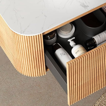 30'' Floating Vanity with Sink Combo, Modern Wall-Mounted Curved Edges Striped Bathroom Storage Cabinet with Soft-Close Drawer and White Artificial Marble Basin, Natural Walnut