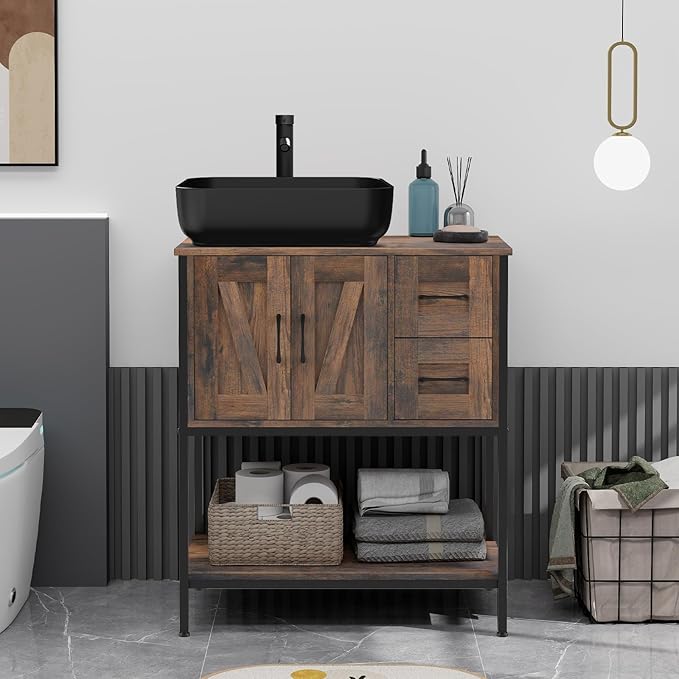 YOURLITE Bathroom Vanity, 30" Rustic Brown Bathroom Vanity with Sink Combo Set, Farmhouse Modern Wood Bathroom Cabinet with Black Ceramic Sink