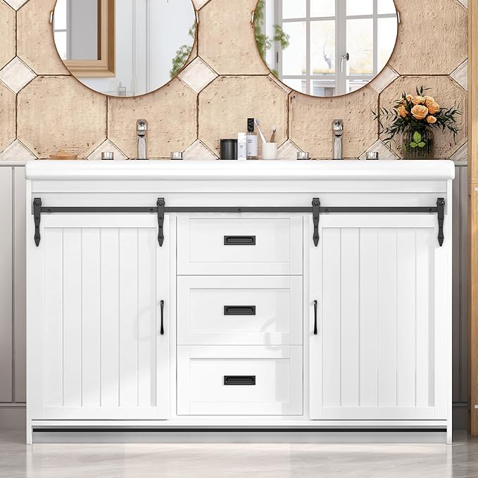 48 inch Bathroom Vanity with Sink,Farmhouse Bathroom Vanity,Double Bathroom Vanity with Sink Combo,2 Sliding Doors&2 Drawer,White,48”*19.7“*35.5”