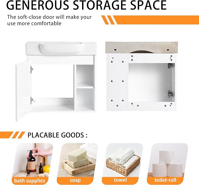 24" Wall-Mounted Bathroom Vanity with Ceramic Sink, 24 inch Floating Single Sink Vanity Cabinet Modern Brown 1-Door Design with Storage Shelf (Space-Saving for Small Bathrooms), White