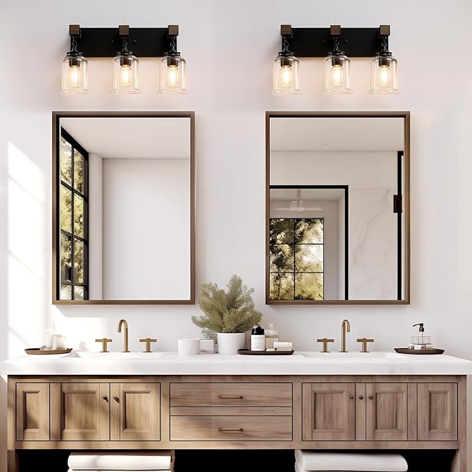 Farmhouse Bathroom Light Fixtures, 3 Light Bathroom Vanity Light, Black Industrial Style with Clear Glass Shades, Wood Bathroom Lighting Fixtures Over Mirror for Bedroom, Living Room