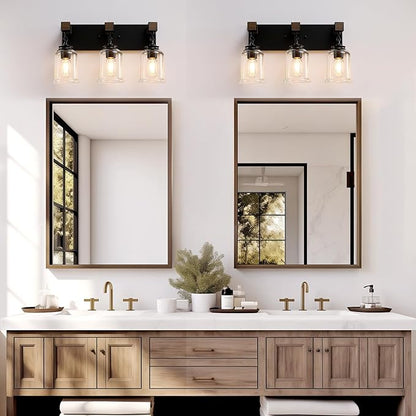 Farmhouse Bathroom Light Fixtures, 3 Light Bathroom Vanity Light, Black Industrial Style with Clear Glass Shades, Wood Bathroom Lighting Fixtures Over Mirror for Bedroom, Living Room