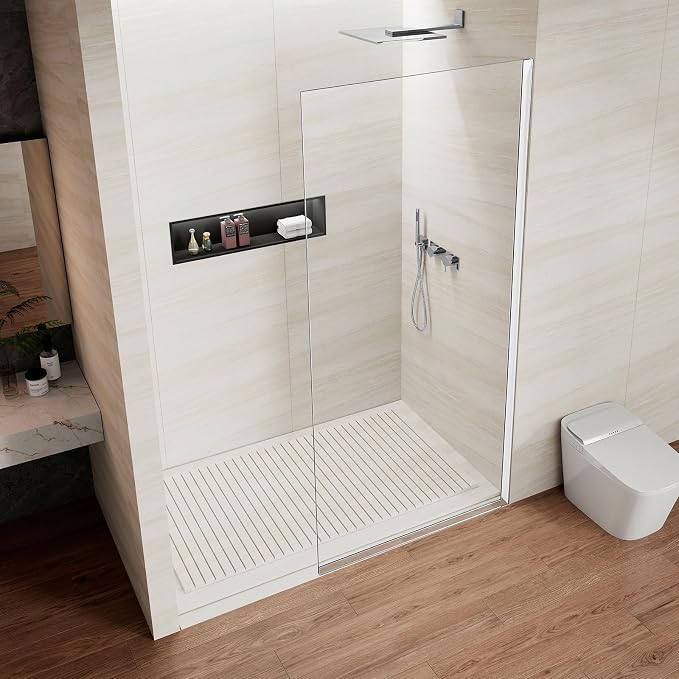 Shower Screen 34" x 74" Half Frameless Shower Wall Panel, Tempered Glass 3/8 inch, Easy to clean Coating, Fixed Glass Shower Door with Hardware (Chrome)