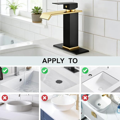 Midanya Waterfall Bathroom Sink Faucet 1 Hole,Matte Black and Shiny Gold | with cUPC Hoses,Pop Up Drain,Deck Plate,for 1 or 3 hole sink,Vanity,RV,Lavatory,Basin,Farmhouse,Stainless Steel,Single Handle