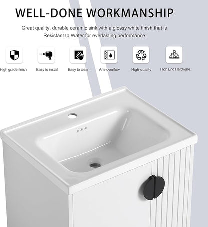 24 Inch Bathroom Vanity with Sink, 24" Floating Vanity with White Glossy Ceramic Sink, Plywood Wooden Bathroom Cabinet with Soft-Close Doors, Modern Wall Mounted Cabinet Set (White)