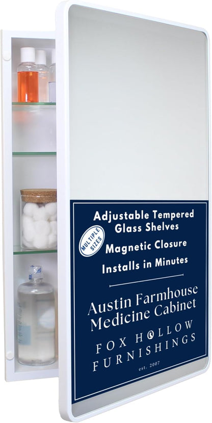 16x26 Austin Farmhouse Metal Framed Rounded Rectangle Recessed Bathroom Medicine Cabinet, Beveled Mirror, 14x24 in-Wall Opening, powder-coated Steel, Adjustable Glass Shelves, Magnet Close, White
