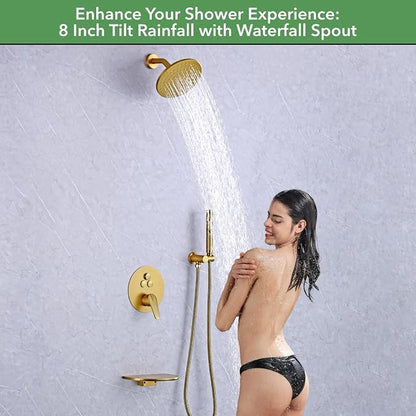 VANFOXLE Shower Faucet Set Brushed Gold Shower System, Push Button Diverter | 8 Inch Wall Mount Head, 2-in-1 Handheld Sprayer, 9 Inch Bathtub Waterfall Spout, Solid Brass Valve, Rust Resistant