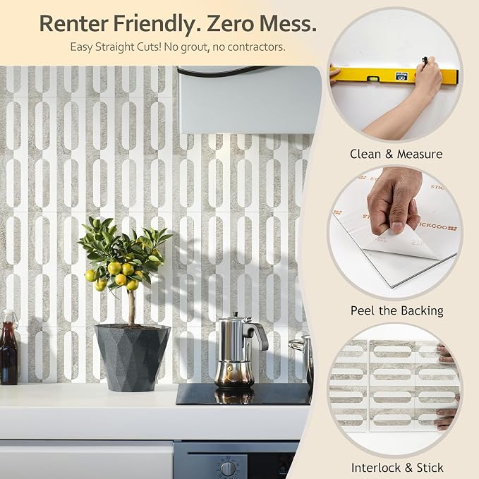 STICKGOO Peel and Stick Backsplash Tiles 12"x12", Waterproof Stick on Kitchen & Bathroom Backsplash, PVC Self Adhesive Wall Tiles for Fireplace, White/Beige Slate (10 Sheets)
