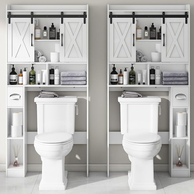 Vabches Over The Toilet Storage Cabinet with Sliding Doors, White | Farmhouse Storage Cabinet Over Toilet, Home Space-Saving Toilet Rack, Toilet Paper Holder Stand,for Restroom,Bathroom,Laundry