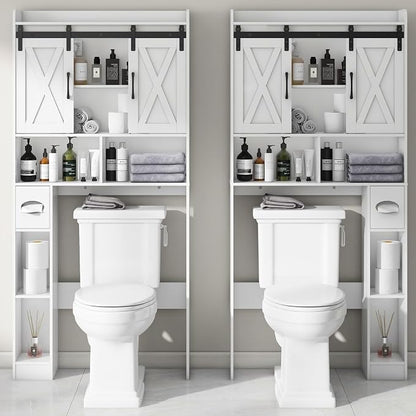 Vabches Over The Toilet Storage Cabinet with Sliding Doors, White | Farmhouse Storage Cabinet Over Toilet, Home Space-Saving Toilet Rack, Toilet Paper Holder Stand,for Restroom,Bathroom,Laundry