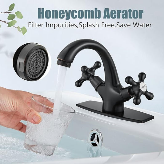 Aolemi Bathroom Sink Faucet Single Hole Cold and Hot Double Handle Cross Knobs Vanity Vessel Sink Basin Mixer Tap with Deck Cover Plate with Pop Up Drain Oil Rubbed Bronze