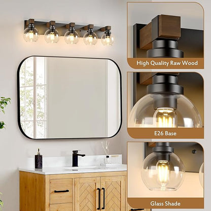 Farmhouse Bathroom Vanity Light Fixtures, 5-Light Wood Bathroom Light Fixtures Over Mirror, Rustic Vanity Lighting with Glass Shade for Living Room, Bedroom, Hallway