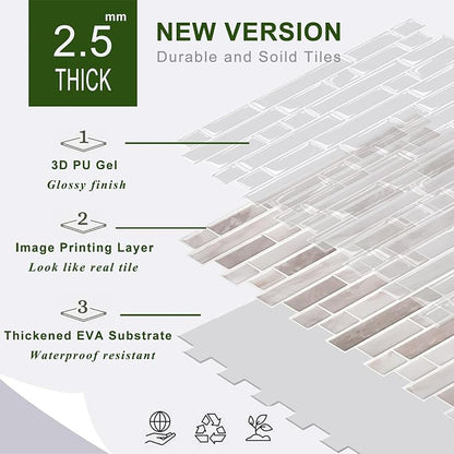 STICKGOO Thicker Peel and Stick Backsplash Tile for Kitchen and Bathroom | 10 Sheets of 12”×12” - 3D Vinyl Self Adhesive Wall Tiles Stick on Backsplash for Kitchen & Bathroom(Warm Greige)